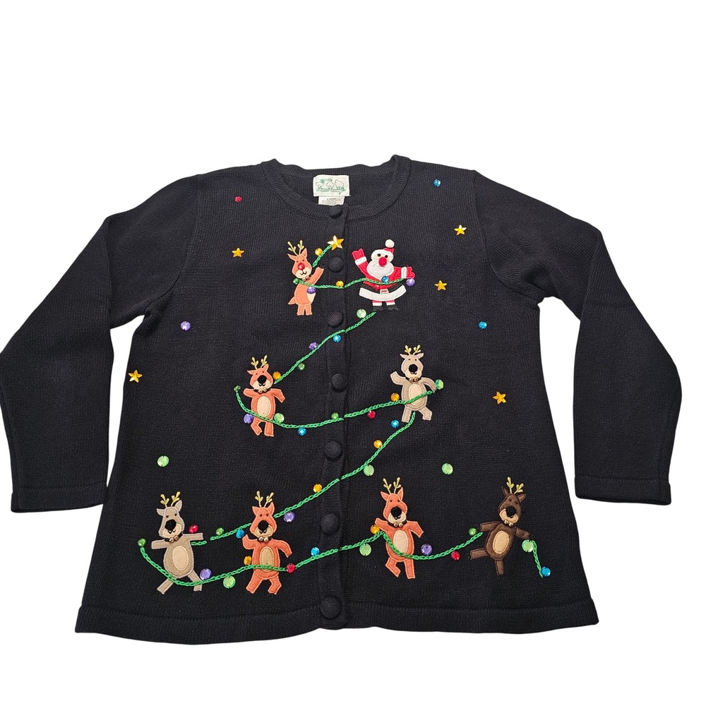 Vintage 90s Quacker Factory Christmas Sweater Cardigan L Santa Reindeer Jeweled